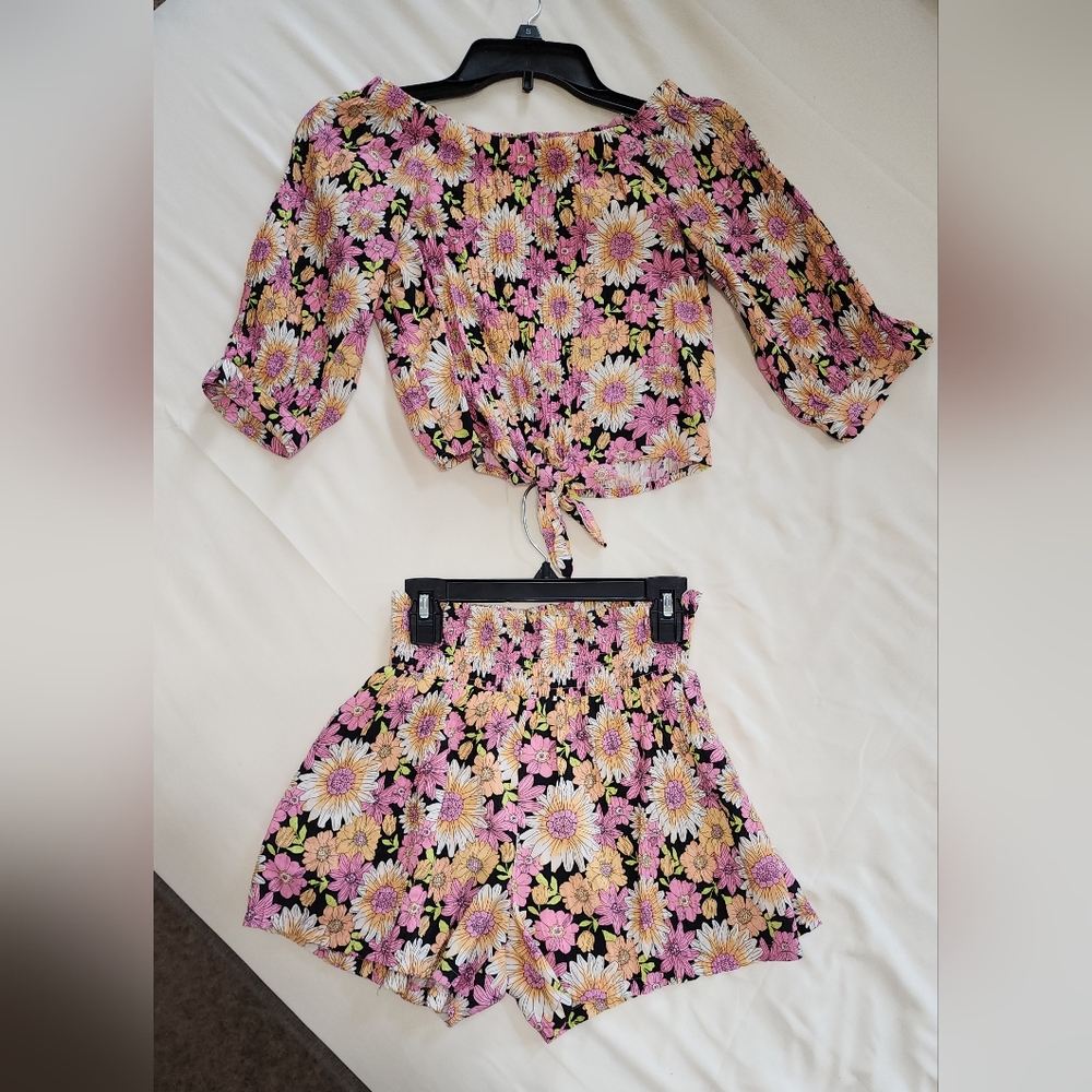 Floral Tie-Front Blouse and Shorts Set